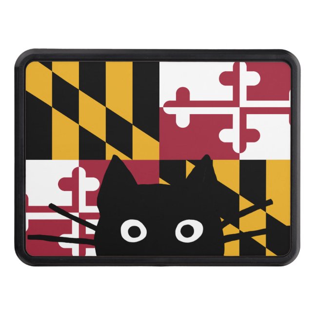 Maryland State Flag with Peeking Black Cat Trailer Hitch Cover (Front)