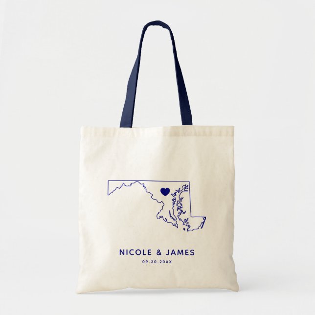 Maryland Wedding Welcome Bag Tote, Navy Blue Map (Front)