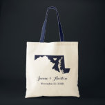 Maryland Wedding Welcome Tote Bag<br><div class="desc">Welcome out of town wedding guests with a bag full of snacks and treats personalized with the state where you're getting married and the bride and groom's names and wedding date. Click Customize It to move the heart to show any city or location on the state map. Use the design...</div>