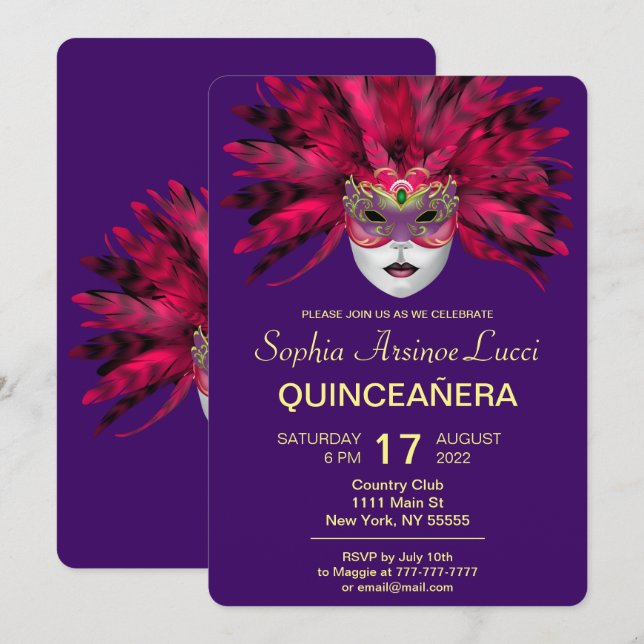 Mascarade colorée Quinceañera Party Invitation (Devant / Derrière)