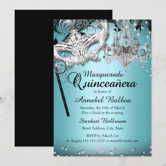Mascarade de lustre bleu Quinceanera Invitation (Devant / Derrière)