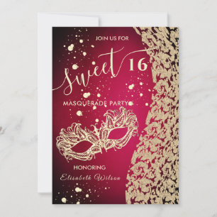 Mascarade diamant damassé rouge doux 16 invitation