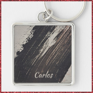 Masculine and Modern Black and Beige Paint Strokes Keychain