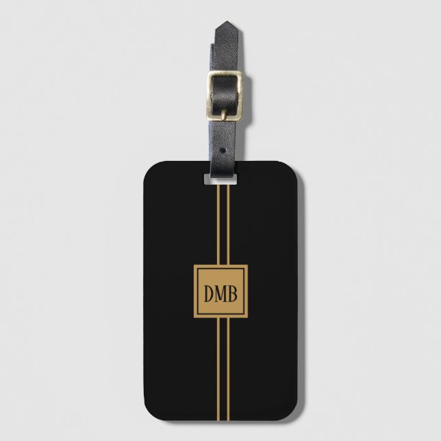 Masculine Black and Gold Monogram Luggage Tag (Front Vertical)