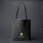 Masculine Black and Gold Personalized Bridesmaid Tote Bag<br><div class="desc">Add a personal touch to your wedding with personalized bridesmaid tote bag. This tote bag features black monogram in gold circle element with name and title in gold professional font style on black background. Also perfect for maid of honour, flower girl and more. Please Note : The foil details are...</div>