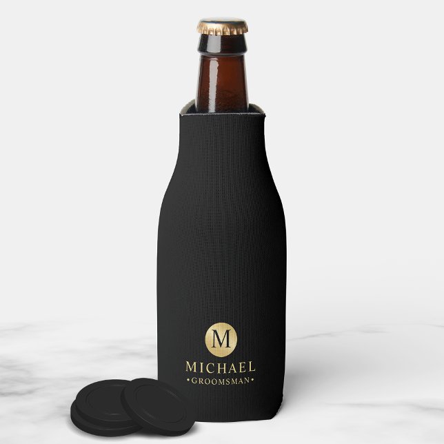 Masculine Black and Gold Personalized Groomsmen Bottle Cooler (Creator Uploaded)