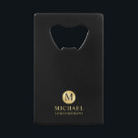 Masculine Black and Gold Personalized Groomsmen Credit Card Bottle Opener<br><div class="desc">Add a personal touch to your wedding with personalized groomsmen bottle opener. This bottle opener features black monogram in gold circle element with name and title in gold professional font style on black background. Also perfect for best man, father of the bride and more. Please Note : The foil details...</div>