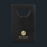 Masculine Black and Gold Personalized Groomsmen Credit Card Bottle Opener<br><div class="desc">Add a personal touch to your wedding with personalized groomsmen bottle opener. This bottle opener features black monogram in gold circle element with name and title in gold professional font style on black background. Also perfect for best man, father of the bride and more. Please Note : The foil details...</div>