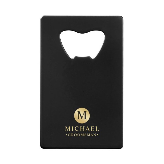 Masculine Black and Gold Personalized Groomsmen Credit Card Bottle Opener (Front)