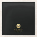 Masculine Black and Gold Personalized Groomsmen Glass Coaster<br><div class="desc">Add a personal touch to your wedding with personalized groomsmen glass coaster. This glass coaster features black monogram in gold circle element with name and title in gold professional font style on black background. Also perfect for best man, father of the bride, ring bearer and more. Please Note : The...</div>