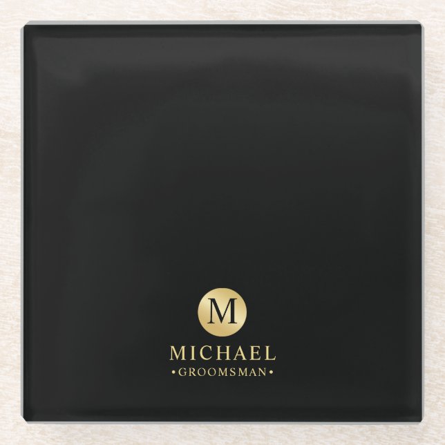 Masculine Black and Gold Personalized Groomsmen Glass Coaster (Front)