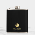 Masculine Black and Gold Personalized Groomsmen Hip Flask<br><div class="desc">Add a personal touch to your wedding with personalized groomsmen flask. This flask features black monogram in gold circle element with name and title in gold professional font style on black background. Also perfect for best man, father of the bride and more. Please Note : The foil details are simulated...</div>