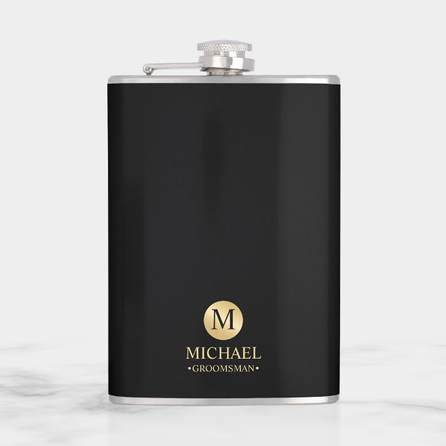 Masculine Black and Gold Personalized Groomsmen Hip Flask (Creator Uploaded)