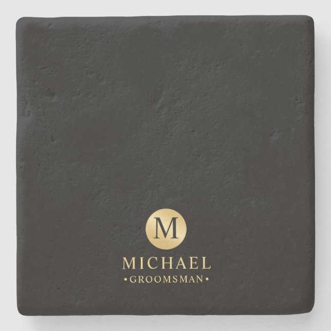 Masculine Black and Gold Personalized Groomsmen Stone Coaster (Front)