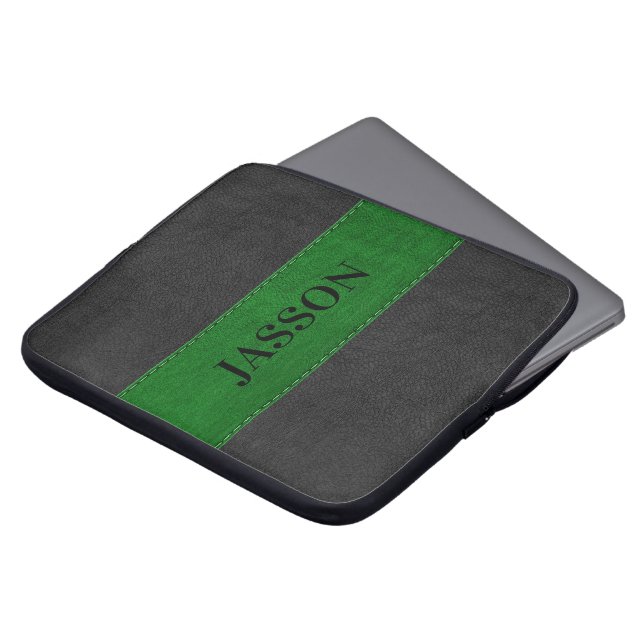 Masculine Black And Green Faux Leather Laptop Sleeve (Front Top)