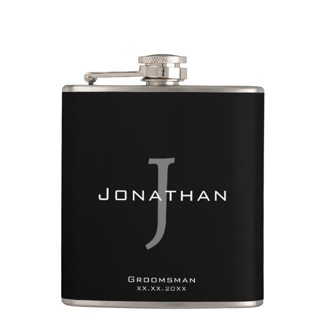 Masculine Black and White  Initial + Name Monogram Hip Flask (Front)