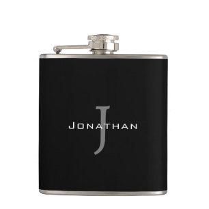 Masculine Black and White  Initial + Name Monogram Hip Flask