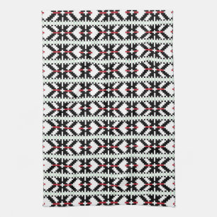 Masculine Black and white Latvian tribal folk art Kitchen Towel