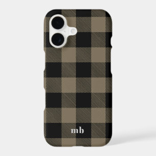 Masculine Black Brown Buffalo Plaid Name Initials
