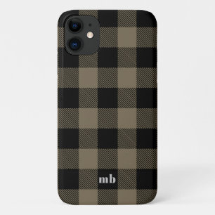 Masculine Black Brown Buffalo Plaid Name Initials iPhone 11 Case