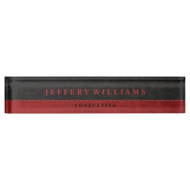 Masculine Black Leather Red Accents Nameplate (Front)