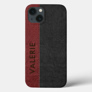Masculine Black & Red Vintage Faux Leather iPhone 13 Case