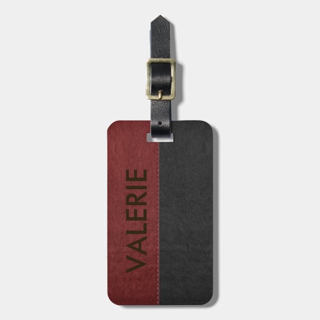 Masculine Black & Red Vintage Faux Leather Luggage Tag (Front Vertical)