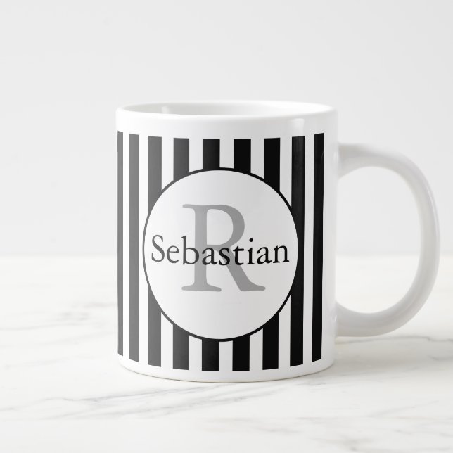 Masculine Black Striped Personalized Monogrammed Large Coffee Mug (Right)