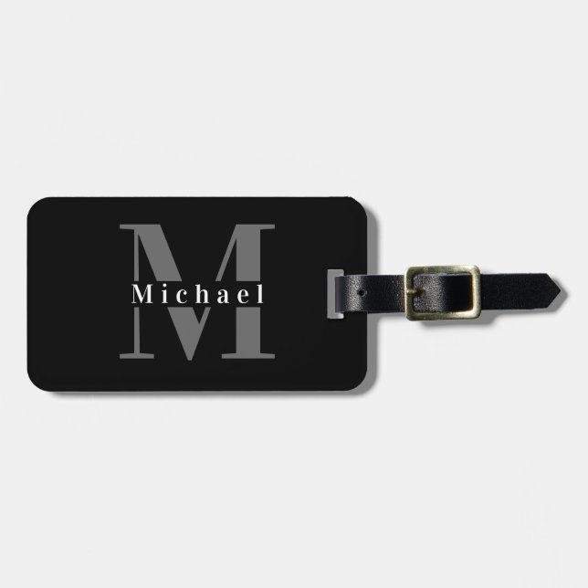 Masculine Black & White Monogram Initial Luggage Tag (Front Horizontal)