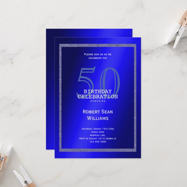 Masculine Blue & Glitter Frame 50th Birthday Invitation (Front/Back In Situ)