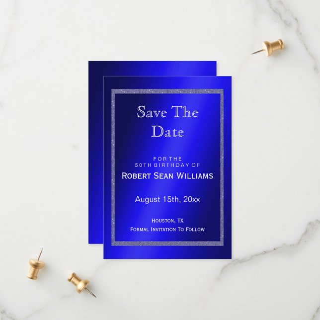 Masculine Blue & Glitter Frame 50th Birthday  Save The Date (Front/Back In Situ)