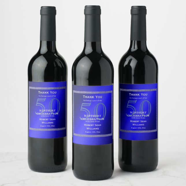 Masculine Blue & Glitter Frame 50th Birthday   Wine Label (Bottles)