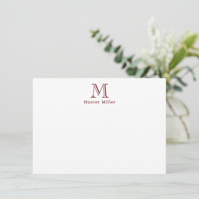 Masculine Brick Red Initial Monogram and Name Flat Card (Standing Front)