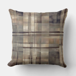 Masculine Dark Brown Warm Grey Rustic Plaid Print Throw Pillow