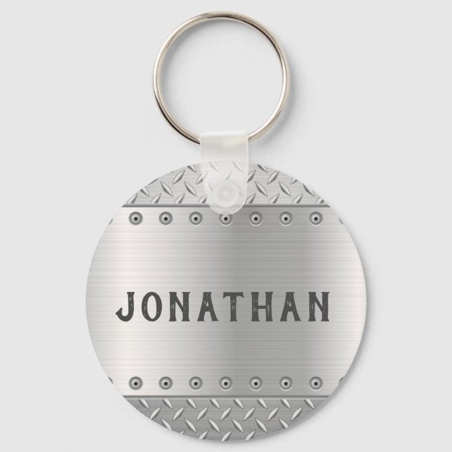 Masculine Diamond Plate Metal Design Keychain (Front)