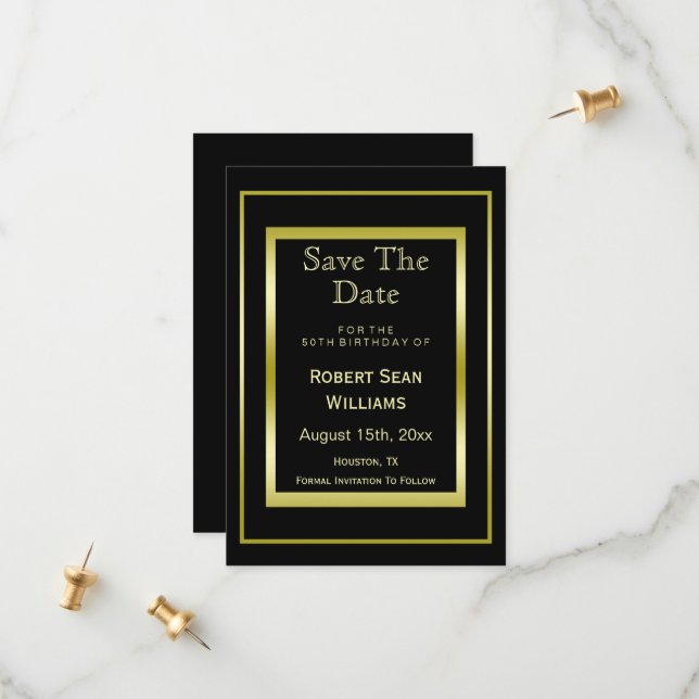 Masculine Double Gold Frame 50th Birthday   Save The Date (Front/Back In Situ)