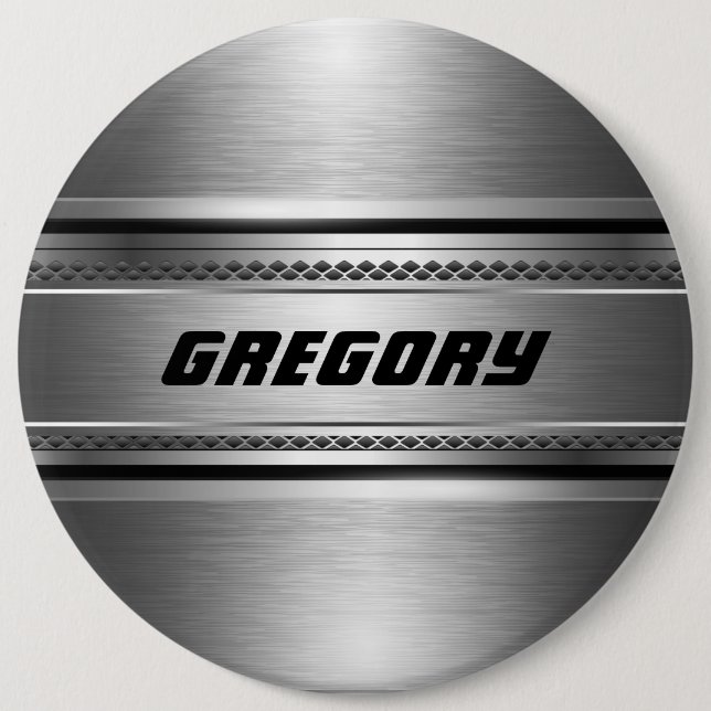 Masculine Faux Silver Stripes Design Monogramed 6 Inch Round Button (Front)