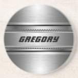 Masculine Faux Silver Stripes Design Monogramed Coaster<br><div class="desc">Elegant metallic faux silver look shiny metallic look with black stripes accents. Metal mesh pattern. Custom oversized monogram. Cool masculine design, makes grant fathers day gift. This is not a metal but image that looks metallic. If you need any help customizing any of my designs, contact ArtOnWear designer. Free text...</div>