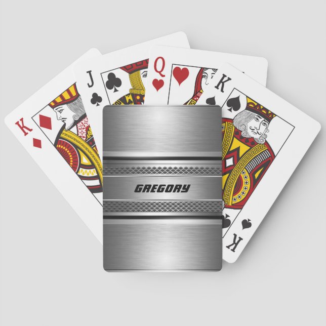 Masculine Faux Silver Stripes Design Monogramed Playing Cards (Back)