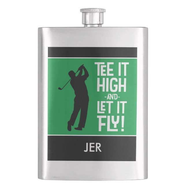 Masculine Golfer Tee Quote Monogrammed Black Green Hip Flask (Front)