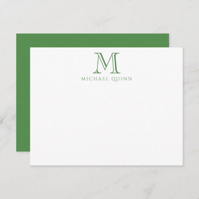 Masculine Green Initials Name Monogram Note Card (Front/Back)