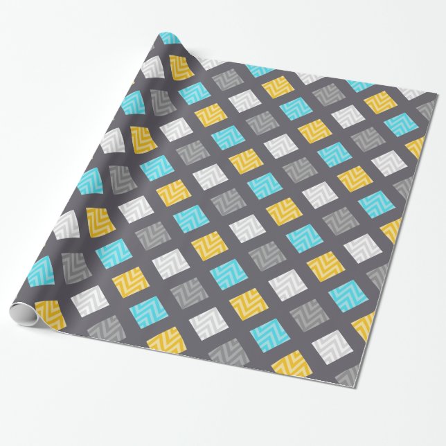 Masculine Grey Blue Yellow Geometric Pattern Wrapping Paper (Unrolled)