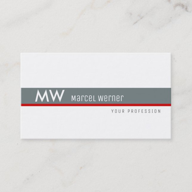 masculine grey & red stripe monogrammed on white business card (Front)