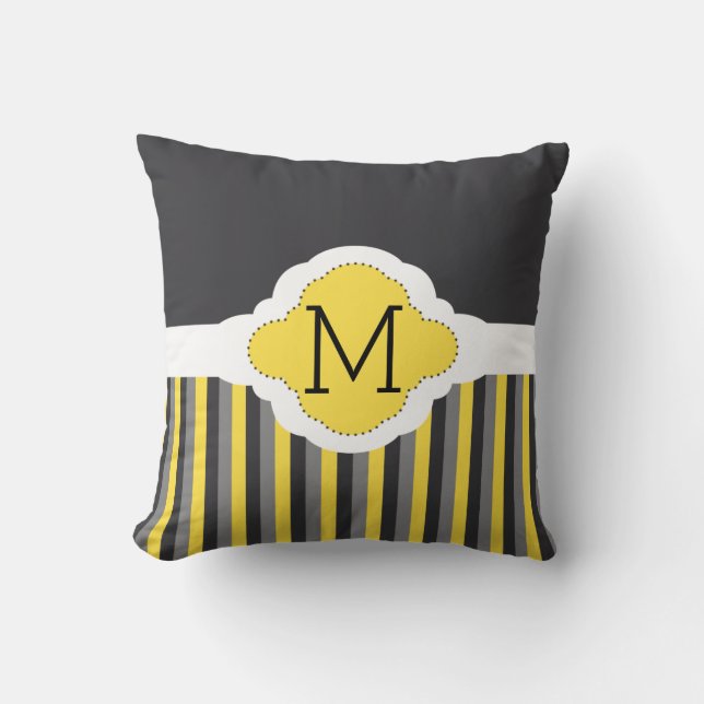 Masculine Grey & Yellow Stripes Pattern Monogram Throw Pillow (Front)