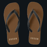 Masculine Groom Flip Flops Custom Colours<br><div class="desc">Customizable "brown" with beige "groom" editable text. Great for anyone in the wedding party or simply put your name in the template. Click "Customize It" and use the swatches on the right to change the background colour. The eyedropper tool gives you even more swatches, and "advanced" link opens the entire...</div>