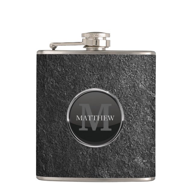 Masculine Grunge Slate Rock Design Name Monogram Hip Flask (Front)