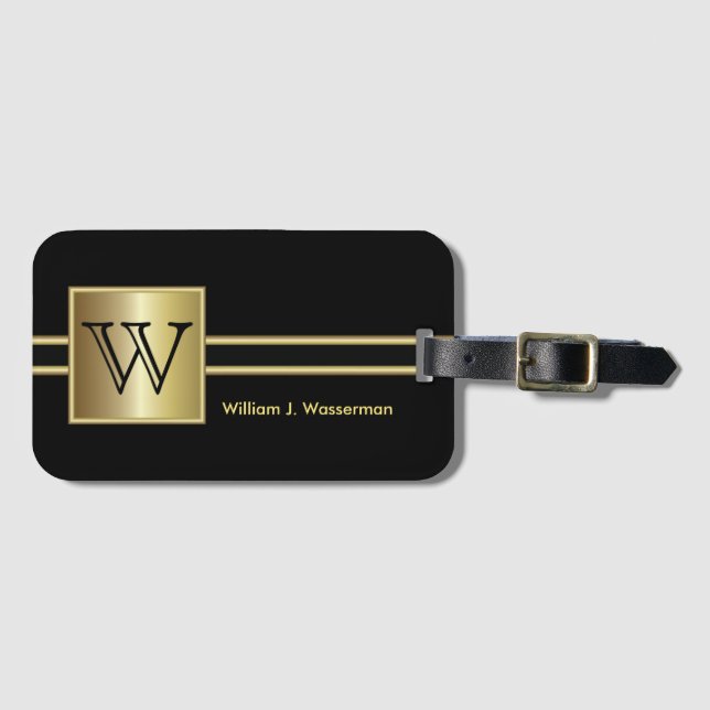 Masculine Monogram Executive Style - Black & Gold Luggage Tag (Front Horizontal)