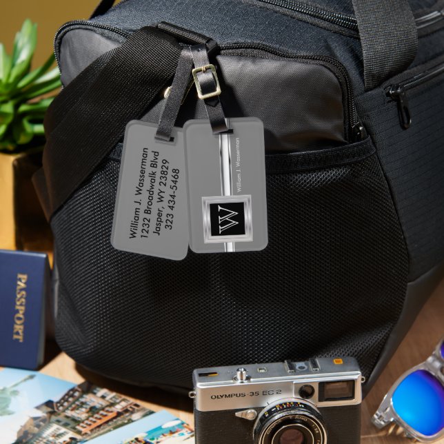 Masculine Monogram Executive Style - Silver Grey Luggage Tag (Front & Back)