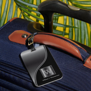 Masculine Monogram Style Black Faux Steel Luggage Tag