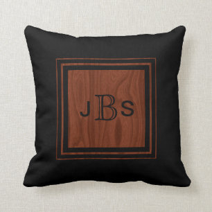 Masculine Monogram Woodgrain Mahogany Look Black Throw Pillow
